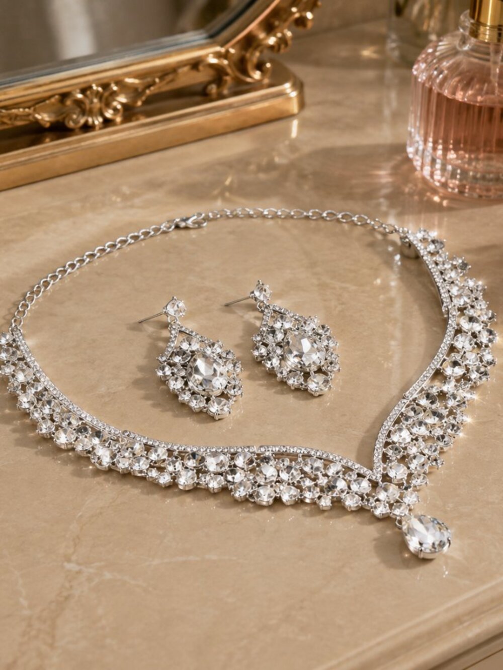 Silver Crystal Necklace & Earrings Set, Rhinestone Bridal Wedding Jewelry Set